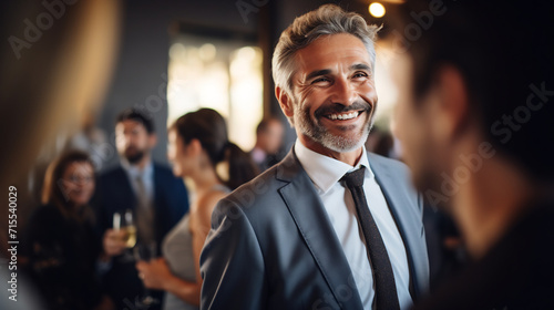 Confident Mature Businessman with a Charming Smile Holding Wine Glass at Formal Networking Event. Corporate Leadership Concept