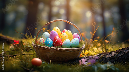 Vibrant Easter eggs in a wicker basket amidst a sunlit forest backdrop. © tashechka