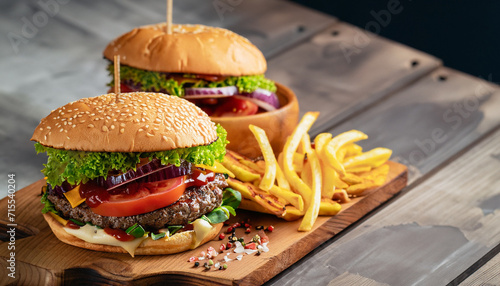 Close up view of Fresh tasty beef burger and french fries on wooden tray with seasoning on rustic table