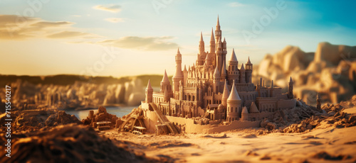 Grand intricate sandcastle on the beach during a summer day with a bluured city backdrop. Generative AI © AngrySun