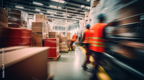 Busy warehouse scene with workers and forklifts in motion, captured with a sense of urgency and movement. © tashechka