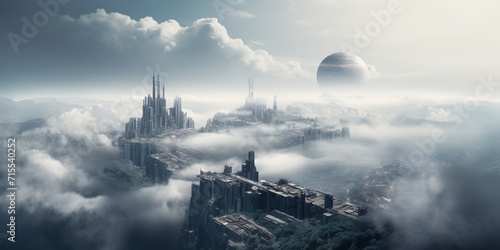 "Futuristic Megacity with Tall Skyscrapers on a Mountain."