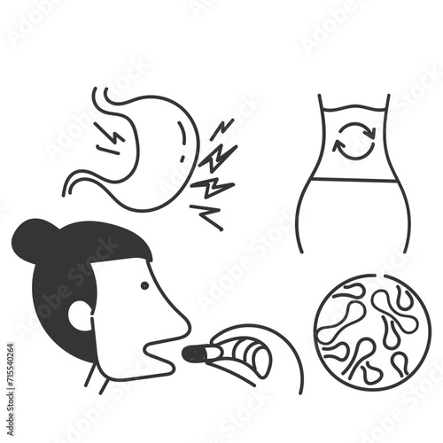 hand drawn doodle Digestion intestine stomach and probiotic icon related