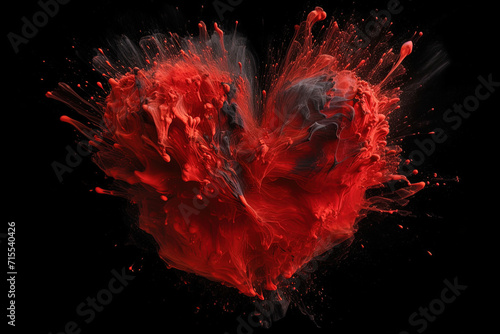 Black-Red Paint Splashes in Heart Shape on Black Background