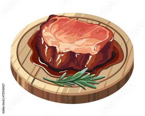 Juicy meat steak with rosemary on wooden board. Roast meat, grill food, barbecue. Vector illustration in eps 10. Suitable for menu, recipe and cookbook 