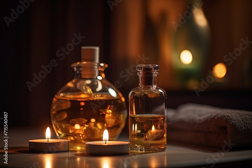 Spa treatments with aromatic oils in glass bottles