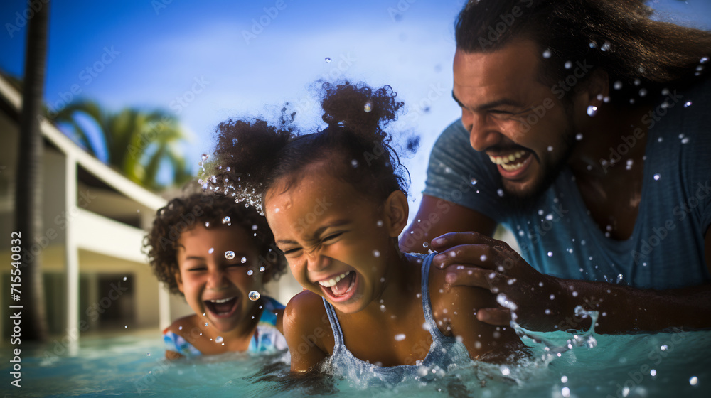 Joyful Father and Child Playing in Sunlit Pool, Happy Family Summer Fun, Family Leisure Concept