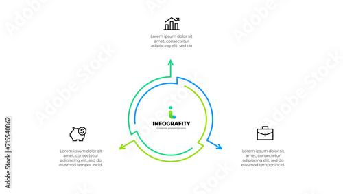 Outline abstract diagram divided into 3 elements. Design concept of three steps or parts of business cycle. Infographic design template