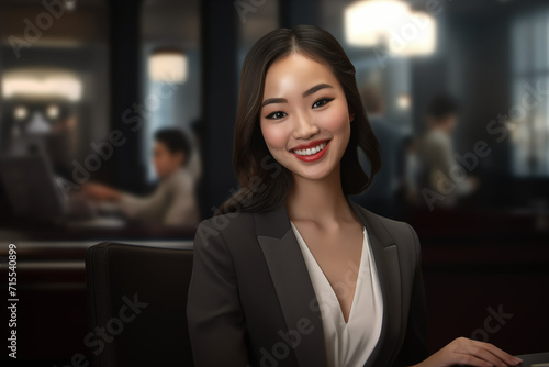 Asian woman smiling. Buissenes woman. Asian country. China. Japan. AI.