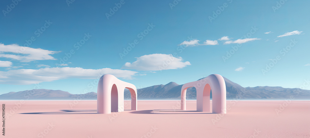 Surreal pastel landscape with abstract desert dune, geometric shapes, and futuristic scene