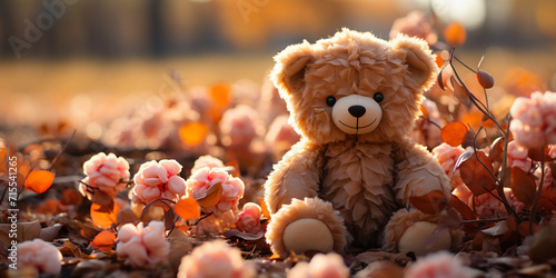 little teddy bear sits in the middle of dry yellow leaves and white pink flower in autumn afternoon blurred background behind cute Brown Teddy bear in autumn alley. © sumia