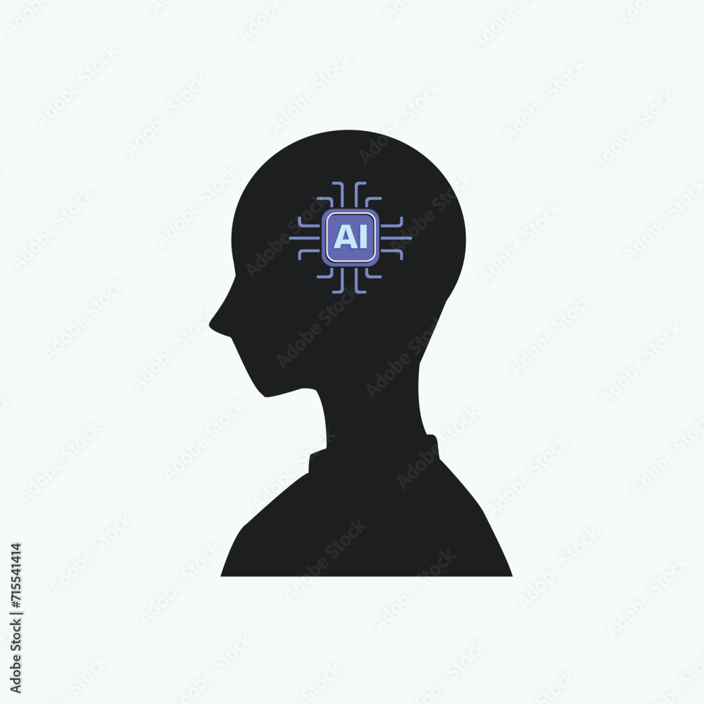 head silhouette with AI chip connecting to people icon vector head silhouette with AI chip connecting to people icon vector