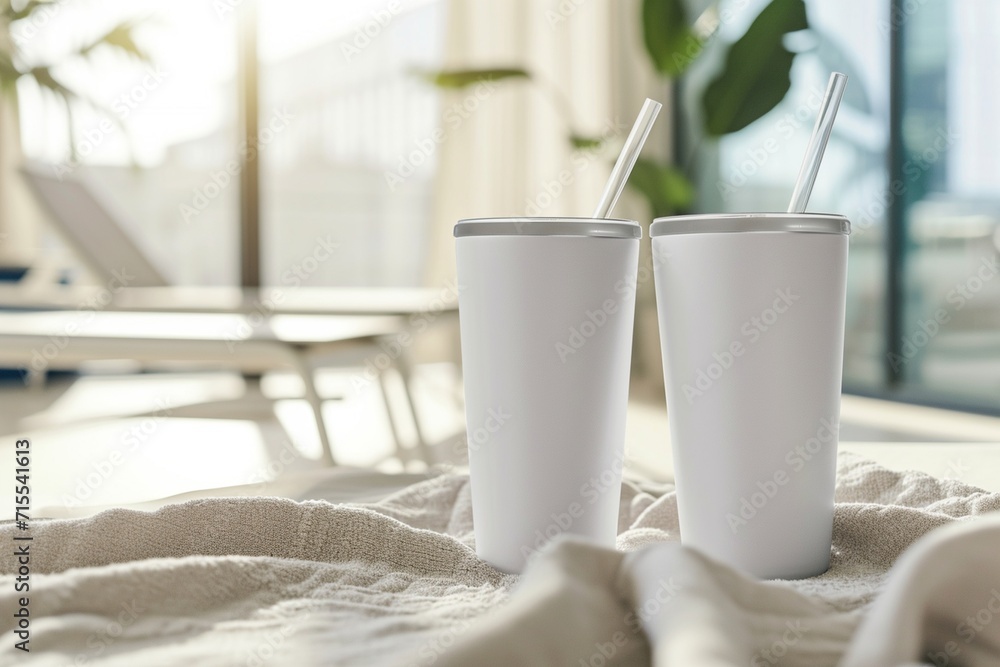 Closeup of 2 matte white color 30oz extra tall tumblers product mockup Closeup of 2 matte white color 30oz extra tall tumblers product mockup