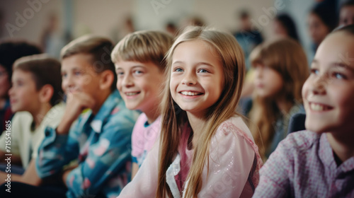 Happy children smiling and enjoying a school assembly, capturing the innocence and joy of childhood. © tashechka