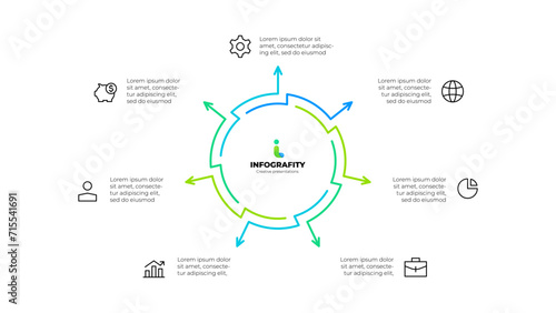 Outline abstract diagram divided into 7 elements. Design concept of seven steps or parts of business cycle. Infographic design template