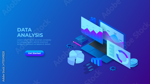 Data analysis design concept with laptop and charts. Dark isometric vector illustration photo