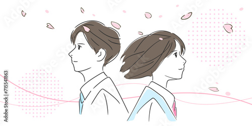 中学生や高校生の卒業式と入学式、桜舞う春の男女のイメージ、ベクターイラスト背景素材