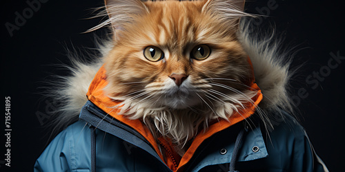 Close up of furry cat wearing leather orange and blue jacket with green eyes portrait painting beautiful picture of Cat on black background. photo
