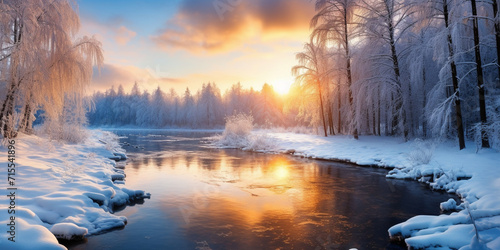 A winter forest with a river at Nature in severe frost during the day Winter landscape with trees and sunrise Winterly morning of a new day. Winter and Merry Christmas. photo