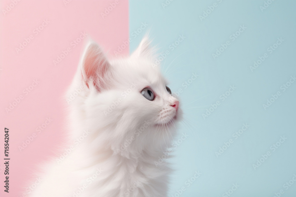 A fluffy white kitten looking away thoughtfully, with a soft pastel blue and pink background enhancing its innocence.
