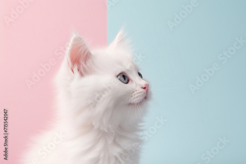 A fluffy white kitten looking away thoughtfully, with a soft pastel blue and pink background enhancing its innocence.