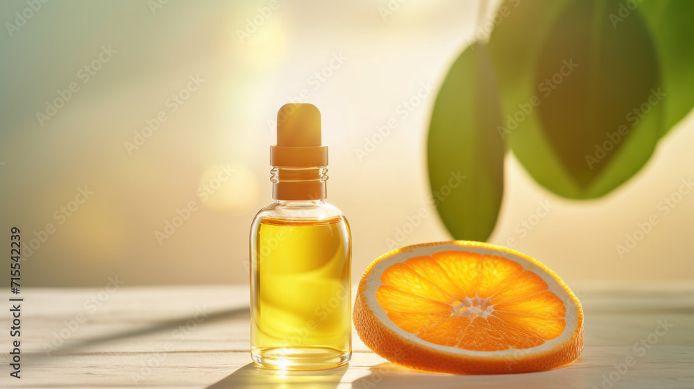 A bottle of citrus essential oil with a dropper, next to a fresh slice of orange on a wooden surface, with sunlight and green leaves in the background. A bottle of citrus essential oil with a dropper, next to a fresh slice of orange on a wooden surface, with sunlight and green leaves in the background.