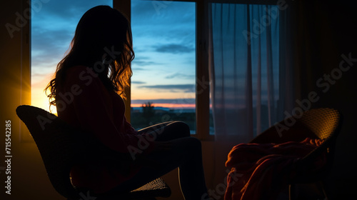 silhouette of woman sitting on the bed beside the windows with sunlight in the morning