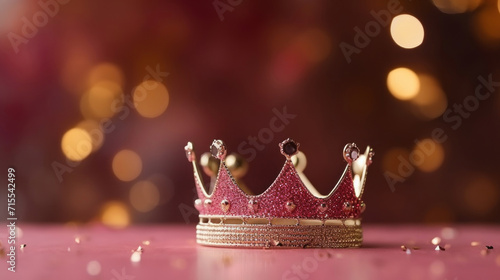 Elegant pink princess crown with glittering rhinestones and a soft bokeh light background, symbolizing fantasy and royalty.