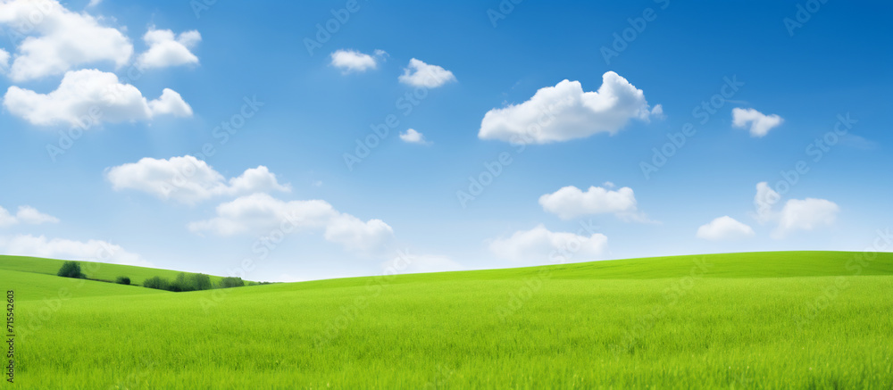 Idyllic Rolling Green Hills Under a Clear Blue Sky with Wispy Clouds. Tranquil Nature Landscape Concept Idyllic Rolling Green Hills Under a Clear Blue Sky with Wispy Clouds. Tranquil Nature Landscape Concept