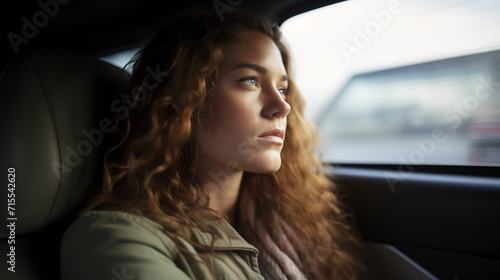 Pensive Young Woman Looking Through Car Window on a Journey. Contemplative Travel Concept © AspctStyle