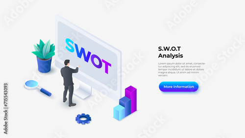 Isometric SWOT illustration with monitor, man and chart. Strength, weakness, opportunity and threat typography design