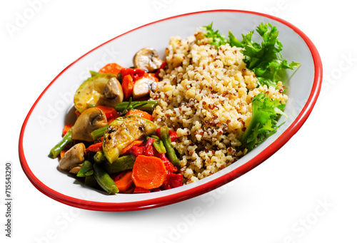 Quinoa with Vegetables, Healthy Meal, Vegetarian Food on White Background