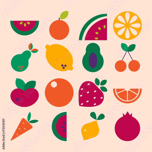 Geometric modern Abstract vegetables fruits in flat minimalist style.  Bauhaus