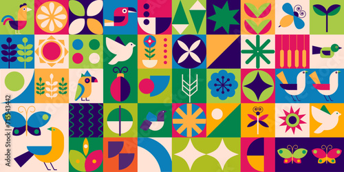 Geometric modern background. Abstract birds butterflies.  Seamless pattern Bauhaus