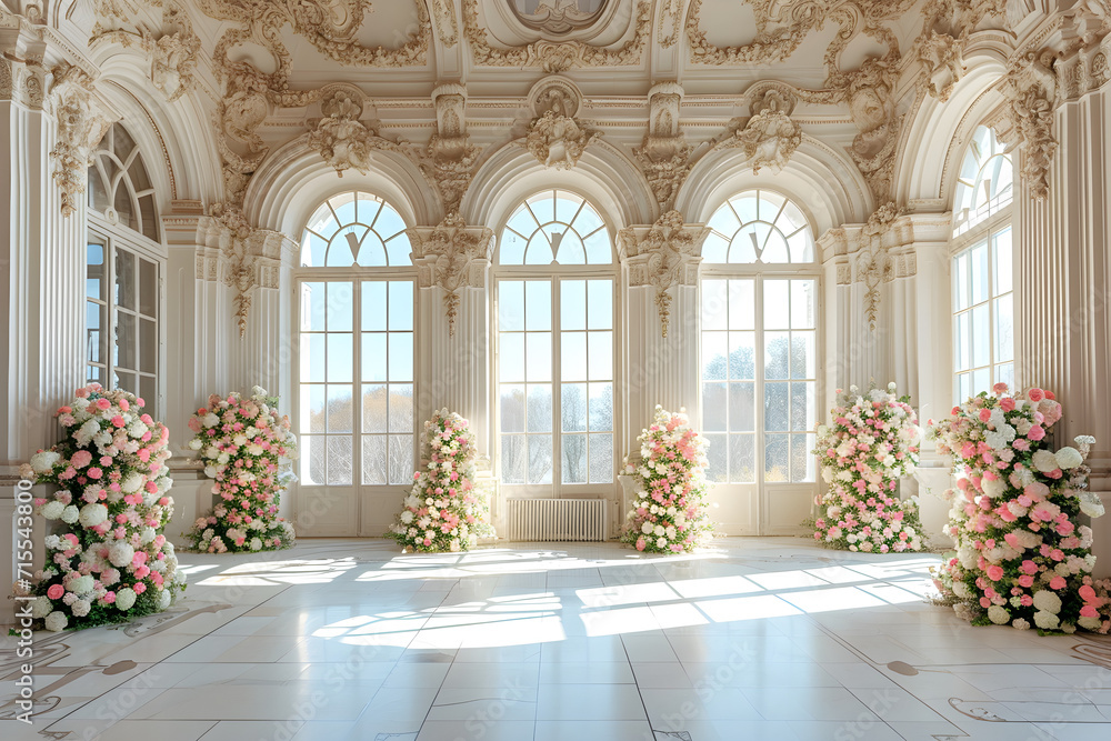 Luxury palace hall with big windows, frescoes, and pink roses compositions, perfect for wedding events or elegant celebrations. Opulent and romantic.