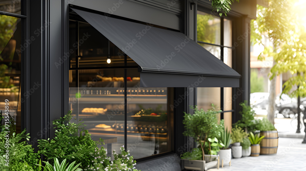 Fototapeta premium City Commerce: Black Awning Blank Showcase in Summer. Generative AI