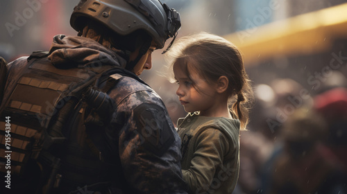 Soldier and children on battlefield background. Military and rescue operation concept. photo