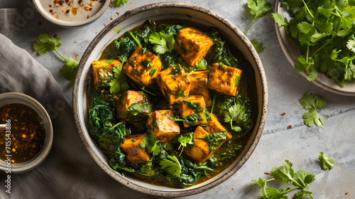 Top view bowl of authentic saag paneer, a homemade North Indian creation with spinach and cottage cheese, is displayed. Generative AI