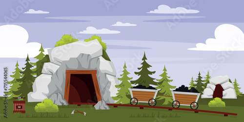 Vector illustration of landscape with mining mine in cartoon style. Cartoon scene with a mine in the ground for coal mining, with carts, dynamite, Christmas trees, bushes.