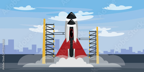 Vector illustration of a rocket launch cityscape in cartoon style. Cartoon scene with the launch of a space rocket with a porthole, clouds of smoke, on a launcher with beams, and modern buildings.