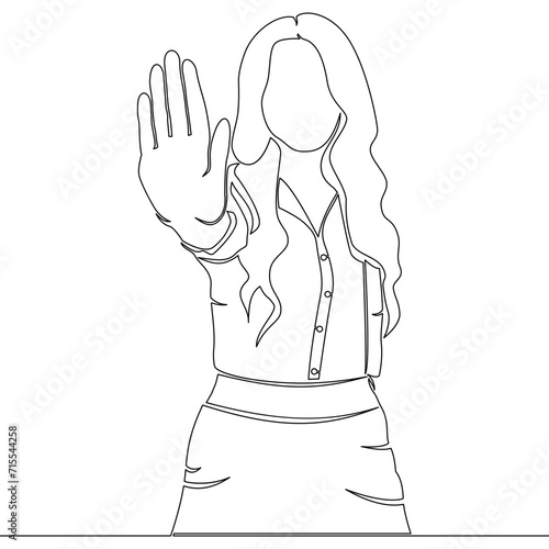 Continuous line drawing young business woman showing palm as stop sign, hold or rejection gesture concept