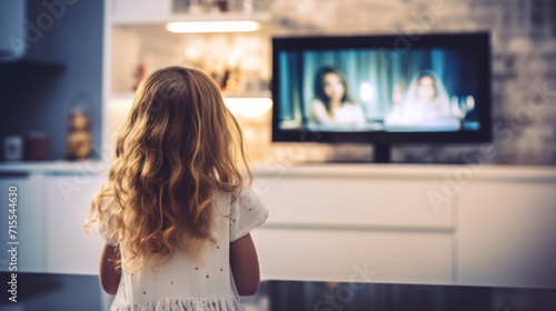 A young girl with curly hair standing in a living room, captivated by a show on a modern television set, representing leisure and family time. photo