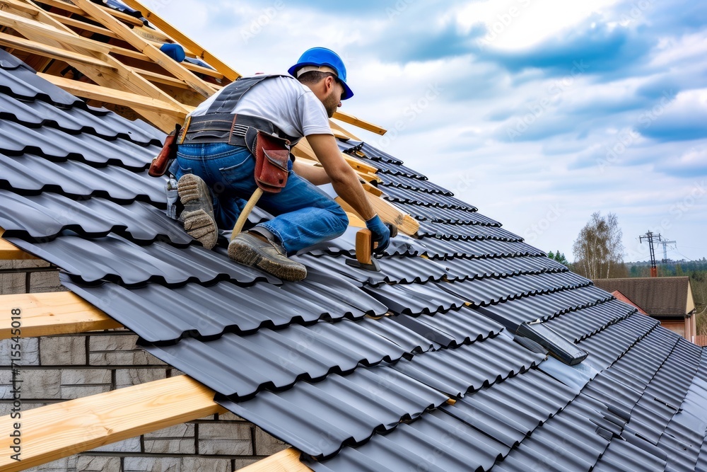 Professional roofer at work, installing metal roof tiles Professional roofer at work, installing metal roof tiles