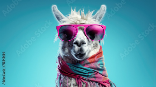 stylish llama sporting pink sunglasses and a colorful scarf. quirky and fun animal portrait perfect for trendy graphic designs