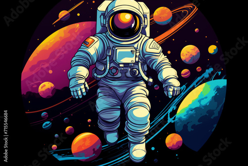 Colorful Astronaut in Outer Space Travels through the Universe. Vibrant Nebulae. Pop Art Style. Concept for Celebrating Cosmonautics Day. Space Exploration, Satellite Launch, Flight to the Moon. © Karim Boiko