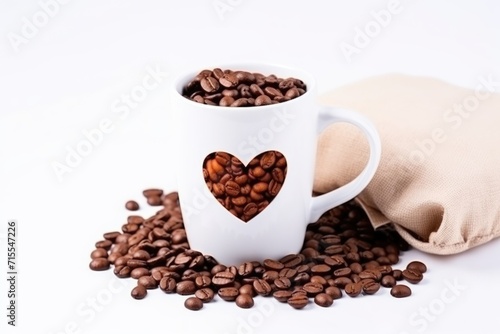 A mug of black coffee and coffee beans on a white background. Place for inscription. Hot drinks and love, copy space. Cafes and restaurants.