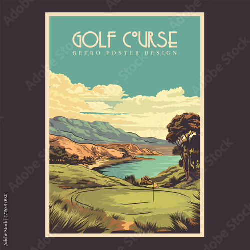 Golf course Retro Promotional Poster Design Vector Illustration