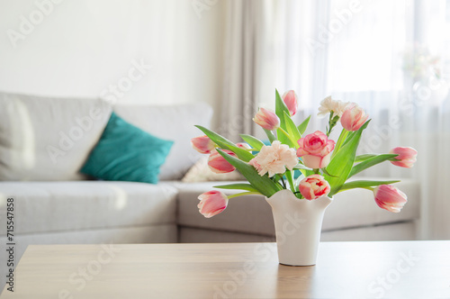 Wallpaper Mural pink spring flowers in white ceramic vase in modern home interior Torontodigital.ca