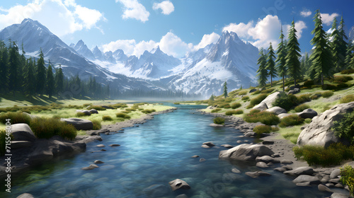 A mountain with trees wallpaper background,, a lake with grass and flowers on the shore Pro Photo