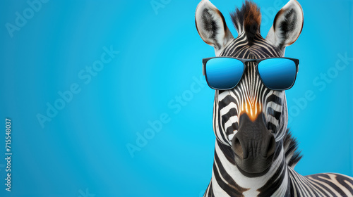 fashion-forward zebra showcasing chic sunglasses  isolated blue background. ideal for youthful and playful branding campaigns